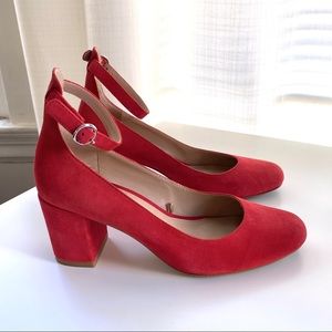 Red Ankle-Strap Block Heels